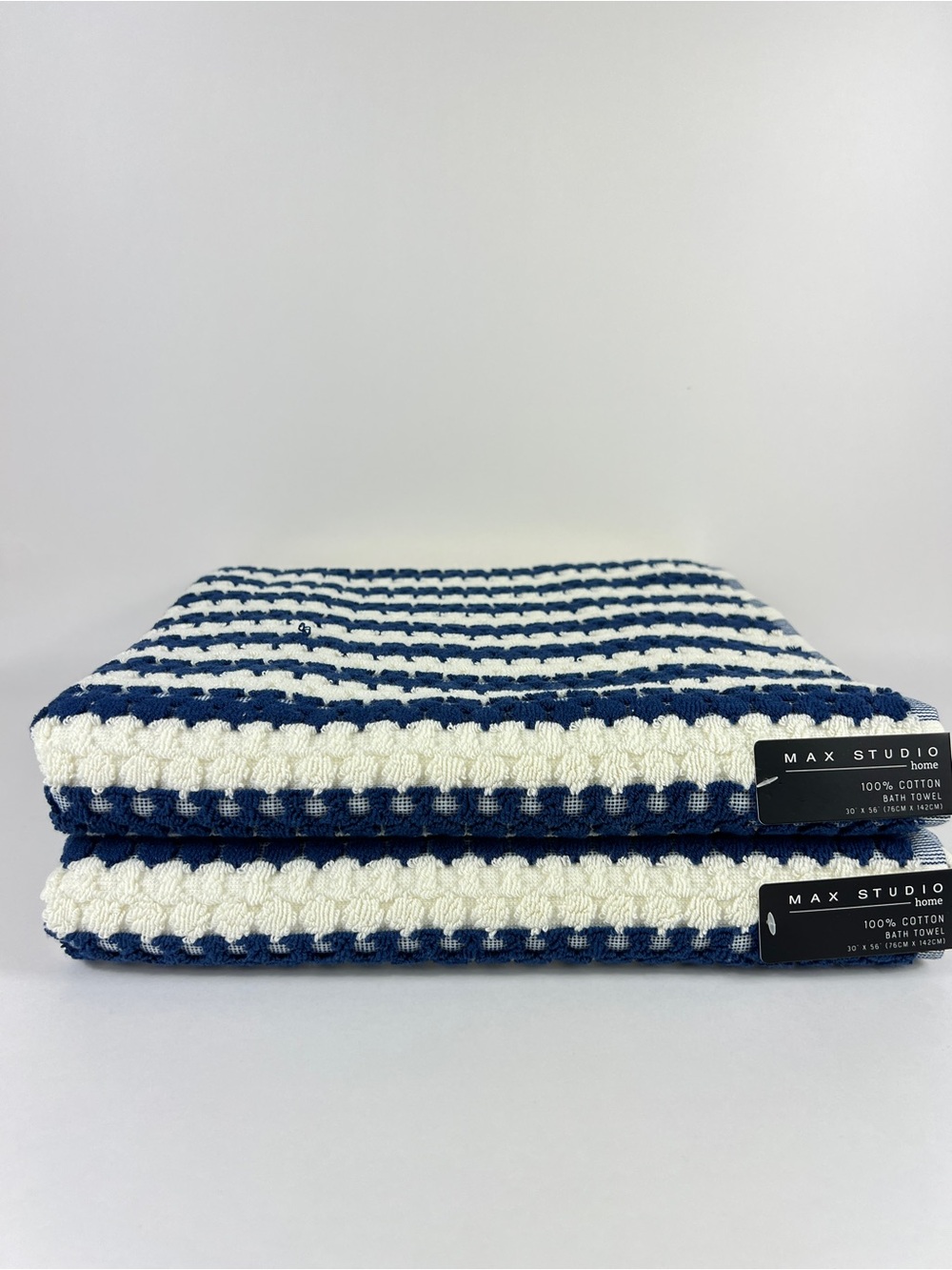 Max Studio Bath Towels Navy Cream Stripe Waffle Texture Soft Cotton 2 Pc NEW